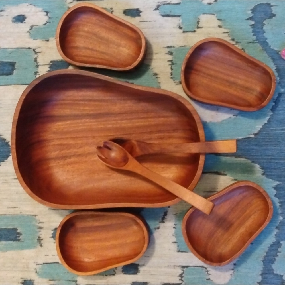 🎈VTG 1960's S.C. Vizcarra 7 Piece  Monkey Pod Salad Bowl Set